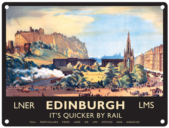 Edinburgh quicker by rail vintage metal sign