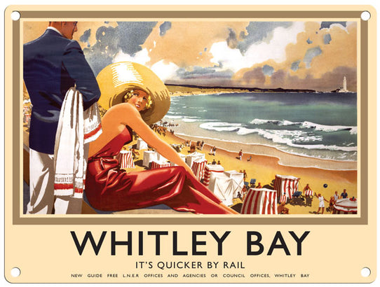 Whitley bay couple at beach scene metal sign