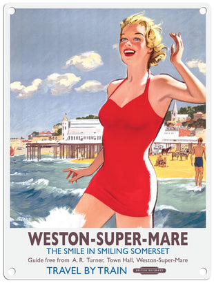 Weston Super Mare travel poster girl in sea metal sign