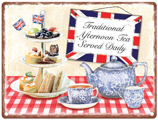 Traditional afternoon tea served daily metal sign