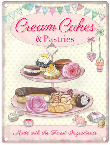 Cakes and pastries on Cake stand metal sign