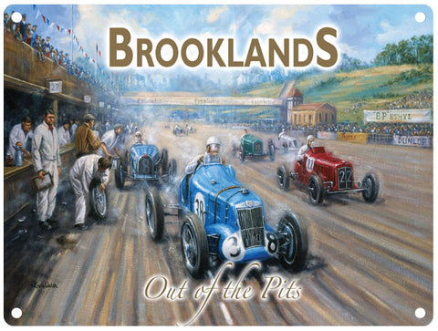 Brooklands out of the pits vintage metal sign by Kevin Walsh