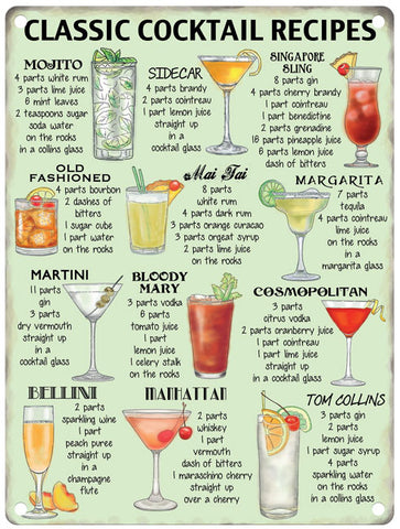 Classic Cocktail Recipes metal sign