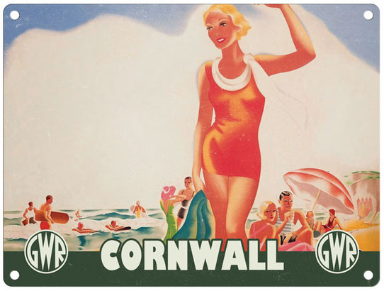GWR Cornwall beach scene girl in orange swimsuit