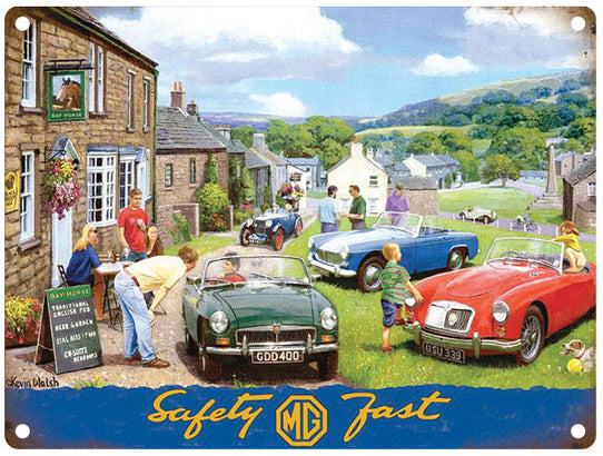 Kevin Walsh MG Safety Fast. MG cars in village.