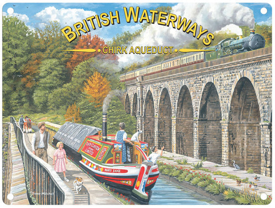 British Waterways Chirk Viaduct barge and steam train by Trevor Mitchell