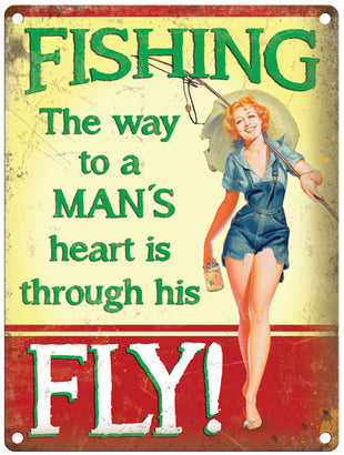 Fishing way to a mans heart metal sign