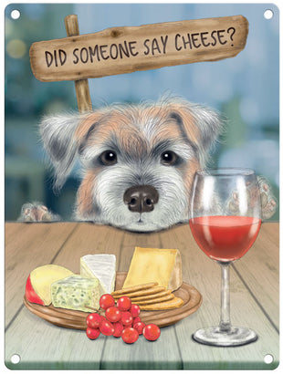 Dog looking at wine and cheese metl sign
