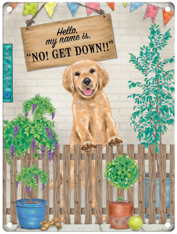 No! Get Down! dog at fence metal sign