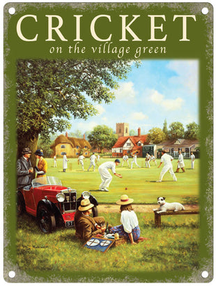 Cricket on the village green by Kevin Walsh metal sign