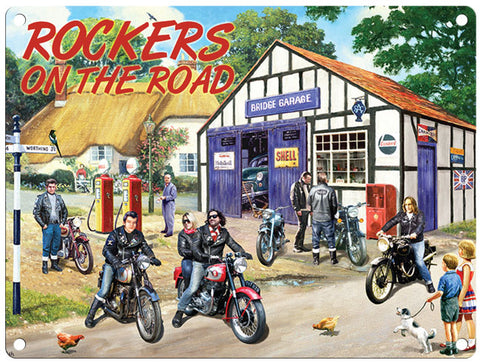 Rockers on the road metal sign