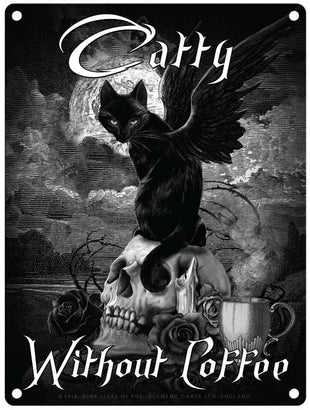 Alchemy Catty without Coffee. Winged Cat on skull.