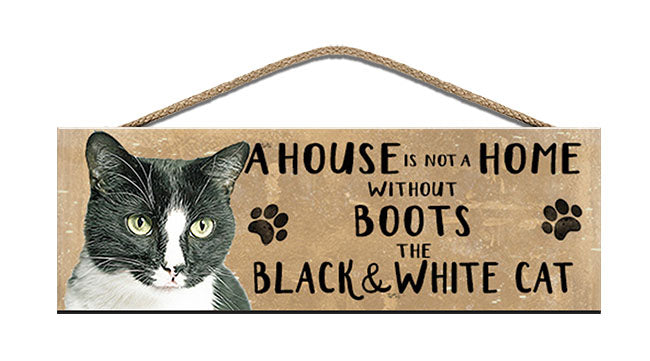 Personalised black and white cat wooden sign