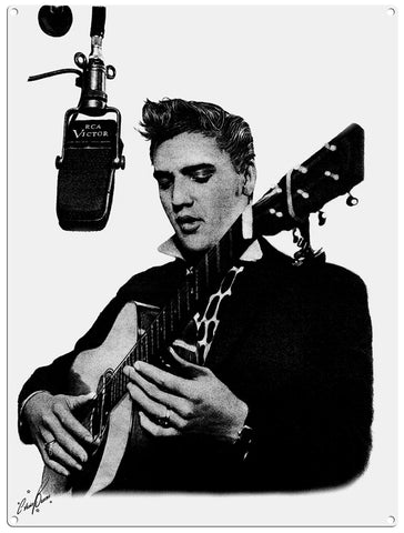Elvis at microphone playing guitar metal sign