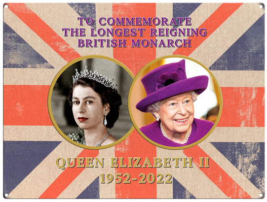 Queen Elizabeth II 1952-2022. Longest reigning monarch. Metal wall sign