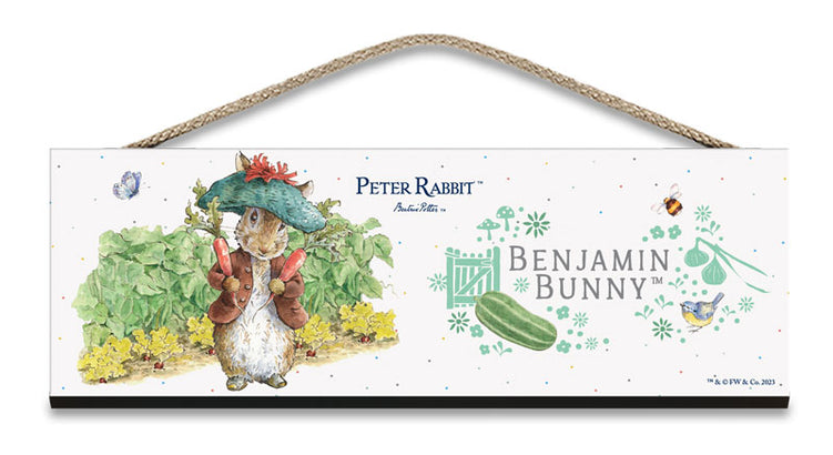 Beatrix Potter Peter Rabbit Benjamin Bunny holding radishes hanging wooden sign