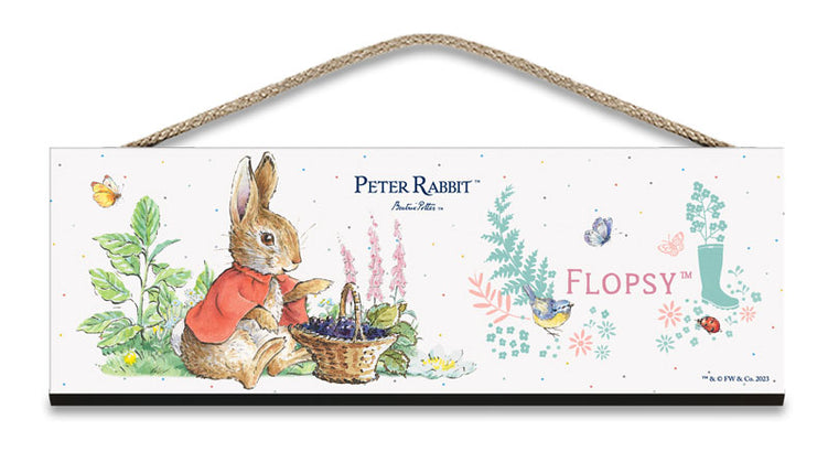Beatrix Potter Peter Rabbit Flopsy eating blackberries hanging wooden sign