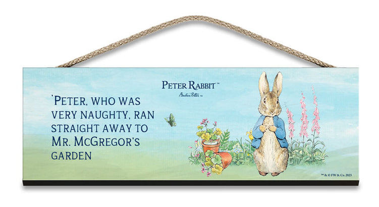 Beatrix Potter Peter Rabbit Ran to Mr McGregors garden hanging wooden sign