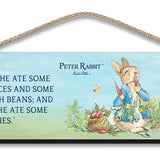 Beatrix Potter Peter Rabbit sitting eating lettuce and radishes hanging wooden sign