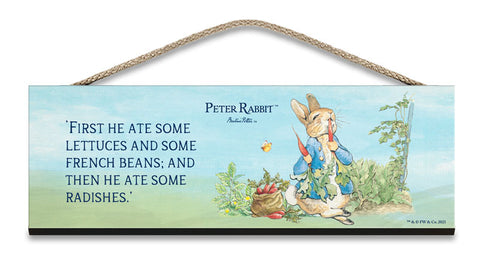 Beatrix Potter Peter Rabbit sitting eating lettuce and radishes hanging wooden sign