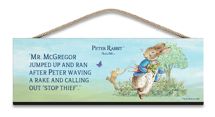 Beatrix Potter Peter Rabbit chased by Mr McGregor hanging wooden sign