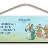 Beatrix Potter Peter Rabbit jumping into watering can hanging wooden sign