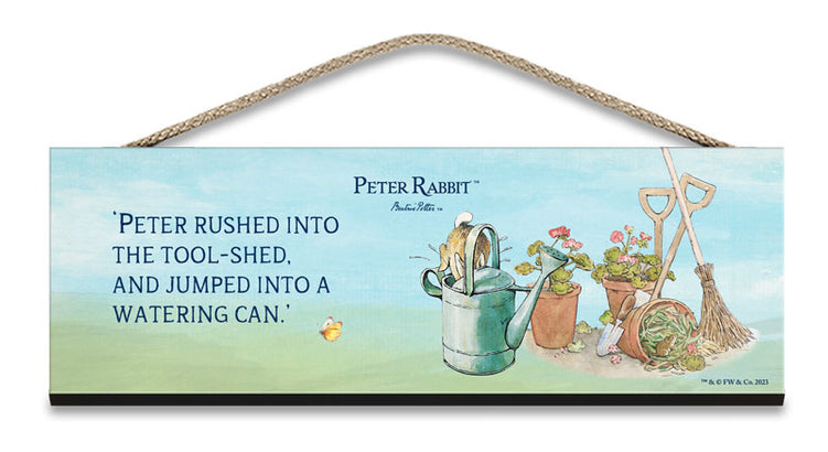 Beatrix Potter Peter Rabbit jumping into watering can hanging wooden sign