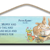 Beatrix Potter Peter Rabbit Flopsy eating milk and strawberries Bunnies hanging wooden sign