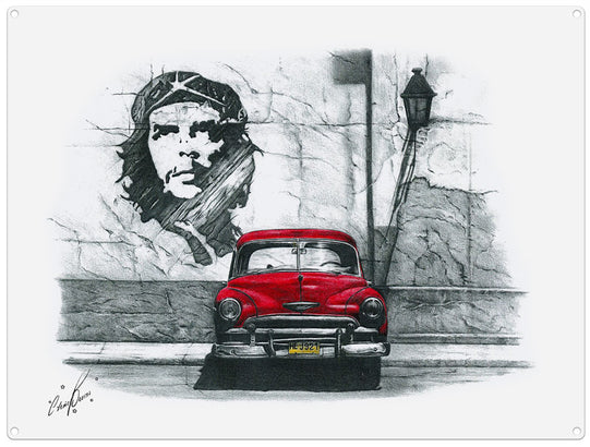 Che Guevara Red Car illustration by Chris Burns metal sign