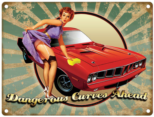 Dangerous Curves ahead retro pin up girl red muscle car