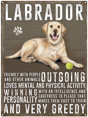 Yellow Labrador dog characteristics metal sign