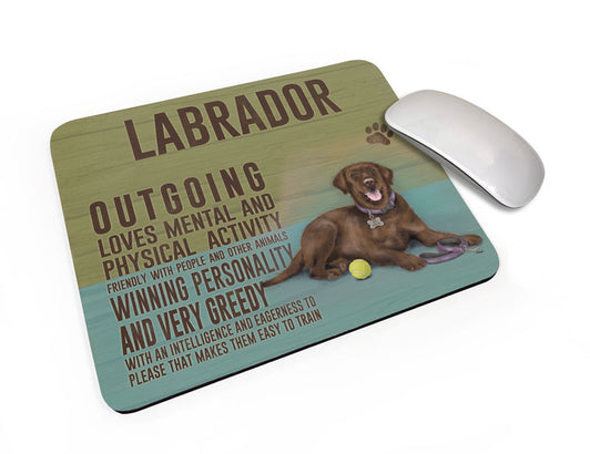 Chocolate Labrador Dog characteristics mouse mat.