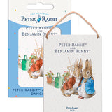 Beatrix Potter Peter Rabbit Benjamin Bunny cuddling metal dangler sign