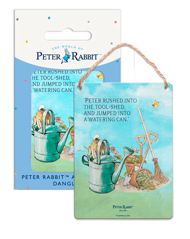 Beatrix Potter Peter Rabbit jumping into watering can metal wall sign