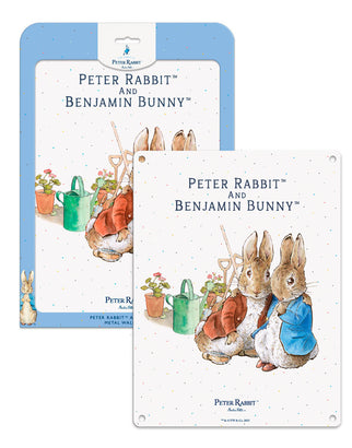 Beatrix Potter Peter Rabbit Benjamin Bunny cuddling metal wall sign