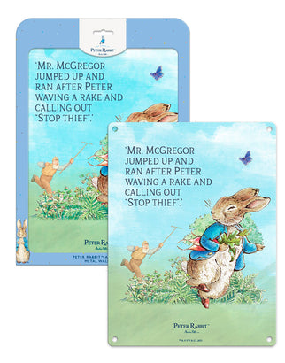 Beatrix Potter Peter Rabbit chased by Mr McGregor metal wall sign