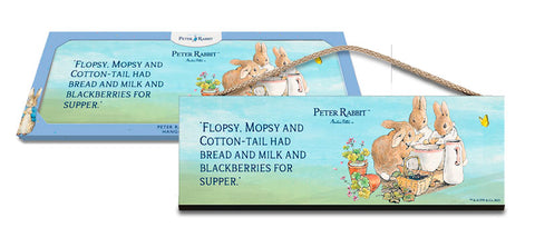 Beatrix Potter Peter Rabbit Flopsy eating milk and strawberries Bunnies hanging wooden sign